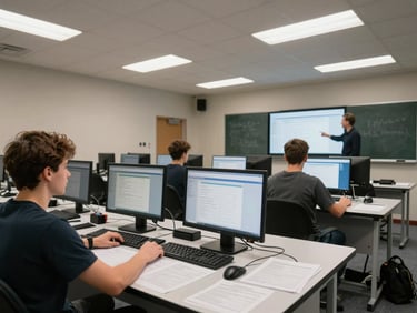 Wide shot of a training room — three trainees seated at workstations with monitors displaying data tables, overhead lab-grade fluorescent lighting, printed protocol sheets on desks, instructor standing at the far end pointing at a wall-mounted display, no faces in clear focus