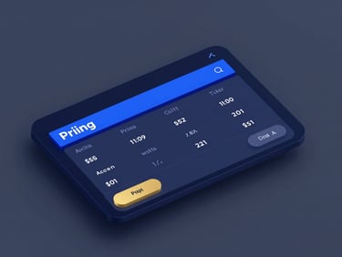 Sleek isometric mockup of a pricing table on a modern web platform, electric blue and gold highlights.