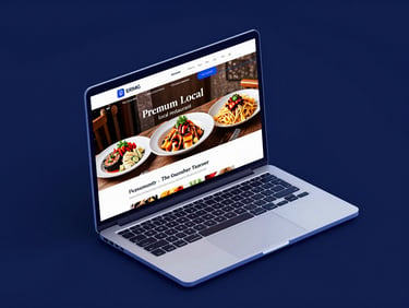Sleek isometric laptop mockup displaying a premium local restaurant website, vibrant food photography on screen, electric blue ambient lighting