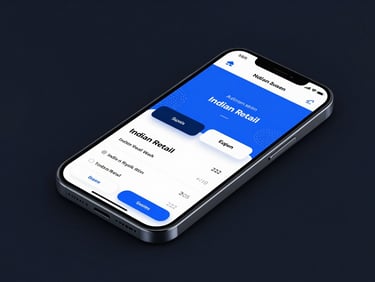 Sleek UI mockup of a clean Indian retail website on a mobile screen, electric blue accents, dark background.