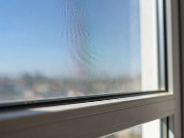 Macro shot of a clean window track and screen, showing fine mesh and grooves free of dust and dirt, bright natural light highlighting texture