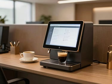 Large high-end corporate coffee workstation, sleek touchscreen interface, professional setting, warm office atmosphere, 35mm