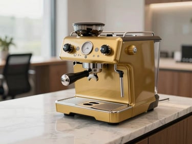 Compact professional espresso machine on a clean marble countertop in a modern office breakroom, soft natural light, 35mm