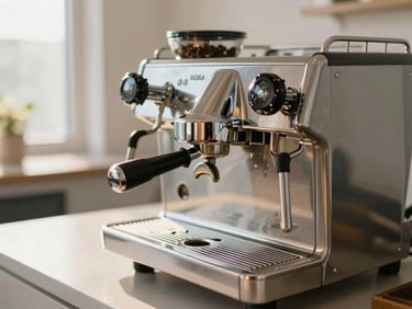 Sleek professional espresso machine in a bright modern office kitchen, warm morning light reflecting on chrome surfaces, shallow depth of field, 35mm