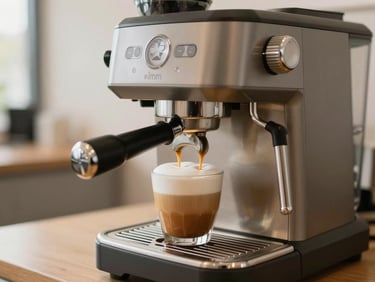 Medium-sized automatic espresso machine brewing a latte, rich foam pouring into a glass, modern corporate kitchen background, 35mm
