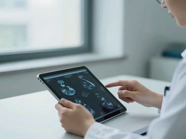 A doctor's hands reviewing high-resolution clinical imaging on a tablet screen, soft side lighting from a window, calm professional medical office setting