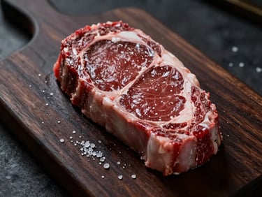 Top-down moody shot of a raw porterhouse steak on a dark wooden butcher block, coarse salt scattered nearby, dramatic side-lighting.