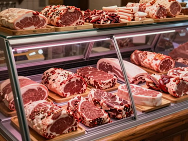 Close-up of raw beef ribeye with intense marbling on a dark metallic surface, moody lighting, shallow depth of field