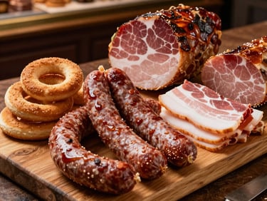 Artisanal dry-cured sausages hanging in a dark wooden smokehouse, side light highlighting texture