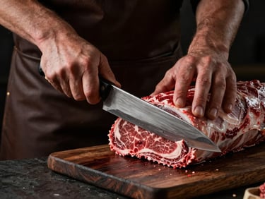 Butcher's hands in dark leather apron slicing a large beef subprimal with a gleaming steel knife, close-up, dramatic side-lighting.