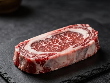 Moody close-up of a raw rib-eye steak on dark slate, showing beautiful white marbling against deep red beef, side-lit, shallow depth of field.