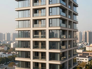 1001 Parkway Residences, high-rise facade, panoramic city views, modern design, soft natural daylight, warm editorial photography