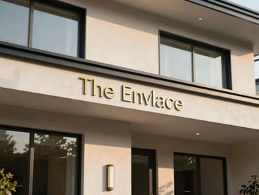 Architectural detail of a modern luxury home facade at The Enclave, showing premium materials, soft natural daylight, warm editorial photography, muted champagne and navy tones, architectural lens.