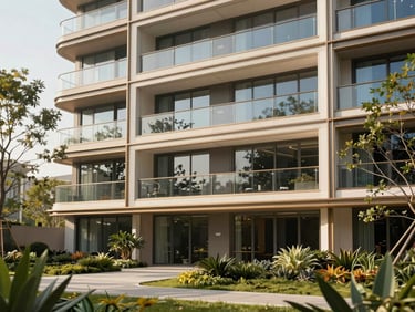 Botanika Nature Residences, modern architectural facade, floor-to-ceiling glass, natural daylight, lush landscaping, warm editorial photography