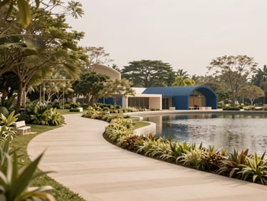 Lush eco-park with walking trails and a serene lagoon at The Enclave Alabang, soft natural daylight, warm editorial photography, muted champagne and navy tones, architectural lens.