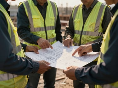 Close-up of engineers in high-visibility gear reviewing blueprints on a construction site, low-sun high-contrast light, hands pointing at plans, cinematic industrial photography, desaturated steel and amber tones, 35mm