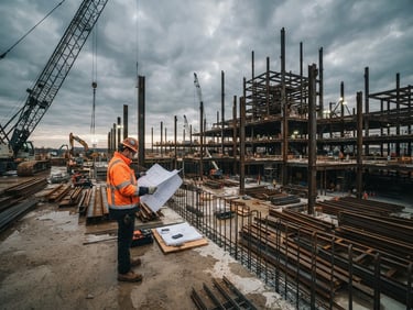 Wide panoramic view of a heavy civil construction site at dawn, structural steel beams rising against an overcast sky, a lone engineer in high-vis gear reviewing plans in the foreground, desaturated steel and amber tones, 35mm