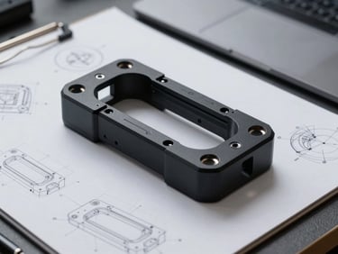 A designer's workspace with a finished high-precision matte black polymer mechanical part resting next to a drawing tablet and technical sketches, cool metallic tones.