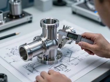 A mechanical engineer in a clean tech facility inspecting a complex 3D printed manifold with a digital caliper, technical blueprints on the desk, cool lighting.