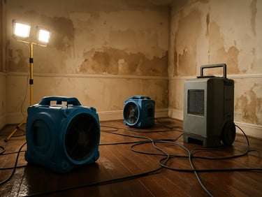 Wide environmental shot of a mid-restoration interior room, two large industrial air movers and a commercial dehumidifier positioned on wet hardwood flooring, fluorescent work lights illuminating moisture-damaged drywall, hoses and cables running across the floor mid-job