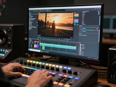 Close-up of a color-grading suite in a darkened edit bay, large reference monitor displaying a warm filmic frame, colorist's hands on a control surface in foreground, ambient glow of the monitor on surrounding equipment, precise and working atmosphere