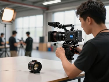 Behind-the-scenes frame on a commercial ad shoot — a camera operator tracking a sports product close-up on a hard surface, natural warehouse light with a practical amber fill, equipment and crew visible in background
