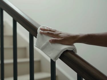 Close-up of hands wiping a staircase handrail in a residential community building, natural indoor light, documentary framing