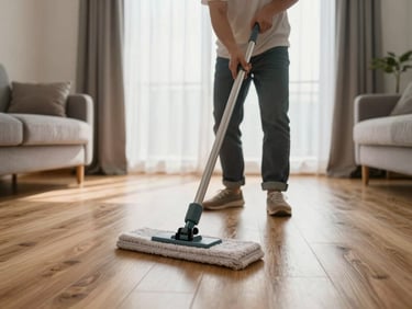 Wide shot of a bright living room being cleaned, mop on hardwood floor, daylight through curtains, real home setting with everyday objects visible