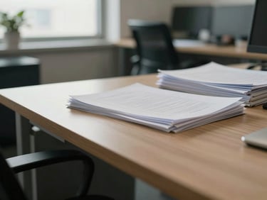 Detail of a desk surface being wiped in an open-plan office, papers stacked to one side, natural window light, no people visible, documentary crop