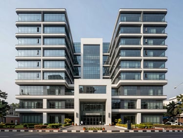 Wide architectural shot of a modern, organized Indian office hub in New Delhi, featuring clean lines, natural light, and structural symmetry.