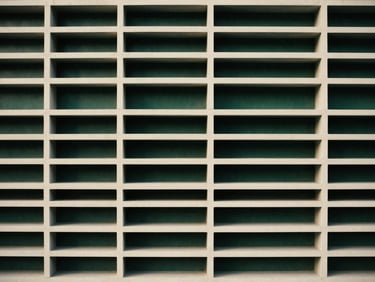 Abstract geometric composition representing structural order and alignment, with clean architectural lines in deep forest green and cream tones.