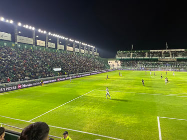 Estádio Florencio Sola cheio durante jogo em Buenos Aires, com torcida nas arquibancadas e campo iluminado à noite.