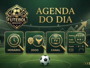 Banner de agenda do dia do portal Futebol Insight com claquete, horários de jogos e logotipo dourado sobre fundo de estádio.