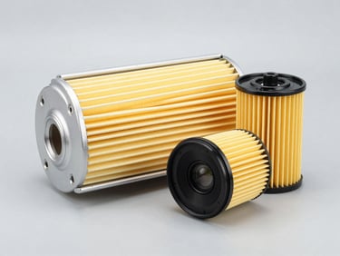 Crisp studio shot of a yellow automotive air filter and spin-on oil filter, light gray background, sharp focus