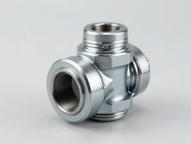 Crisp studio shot of a heavy-duty steering rotuyn joint, metallic finish, bright lighting, light gray background