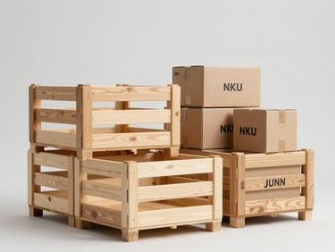 Clean warehouse storage scene with organized wooden crates and boxes labeled NKU and JUNN under bright industrial lighting