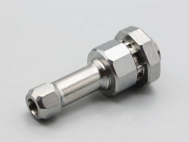 Studio shot of a metal steering tie rod end, clean light gray background, high-key lighting, sharp metallic details.
