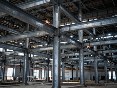Wide shot of a massive industrial warehouse frame under construction, heavy steel beams, high contrast industrial lighting, cool steel tones, 35mm