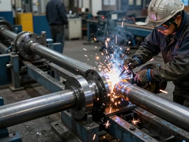 Wide shot of a heavy-duty conveyor system drive shaft being fabricated, engineers welding, sparks, industrial workshop, cool steel tones, high contrast, 35mm