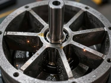 Macro shot of a re-manufactured slurry pump impeller, intricate details of the new vanes, wet with industrial lubricant, high-contrast lighting, cool steel tones, sharp focus, 35mm
