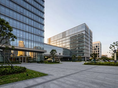 Sleek corporate park exterior with landscaped plazas, wide-angle lens, sharp focus