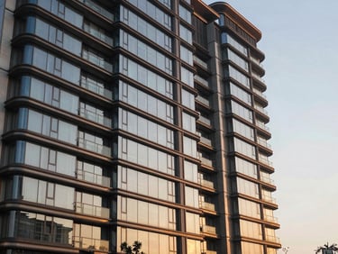 Ultra-luxury residential facade of DLF The Camellias, architectural twilight photography, sharp detail