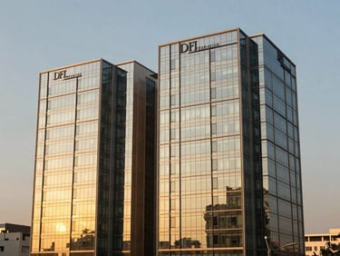 Sleek architectural facade of DLF The Aralias, golden-hour sunlight, warm tones