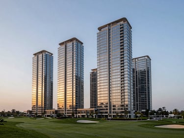 Sleek architectural shot of luxury residential towers on Golf Course Road, twilight sky with crisp lighting, wide-angle lens