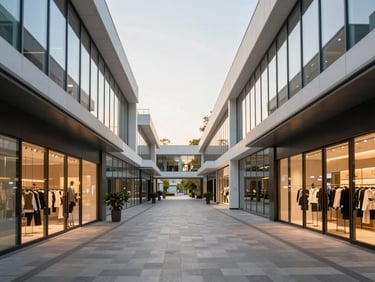 Modern commercial retail corridor with double-height glass storefronts, clean lines, bright daylight