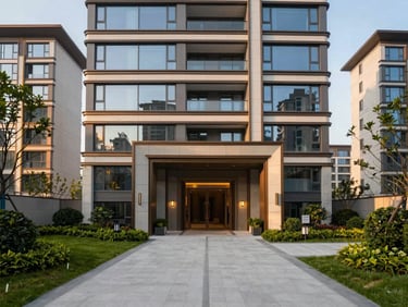 Contemporary residential building entrance with manicured landscaping, wide-angle lens.