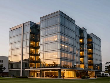 Sleek commercial building facade on Golf Course Road, architectural twilight photography with warm interior lights reflecting on glass