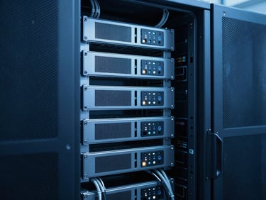 Cool-toned technical photography, low-key blue LED lighting, sharp focus on immaculate server rack cable management, 35mm