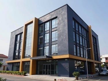 Bright editorial photography of a modern corporate office in Guwahati, natural daylight through large windows, deep navy accents, sharp focus.