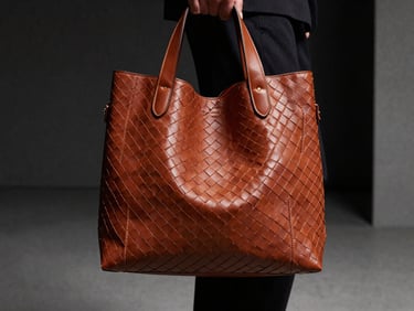 Fashion editorial shot of a model wearing a hand-woven leather bag in a minimalist, architectural setting, emphasizing the bag's form and texture.